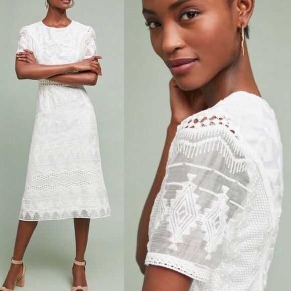 Eri + Ali White Lace Embroidered Jacquard Short Sleeve A-line Midi Dress Size 8 - Picture 1 of 10